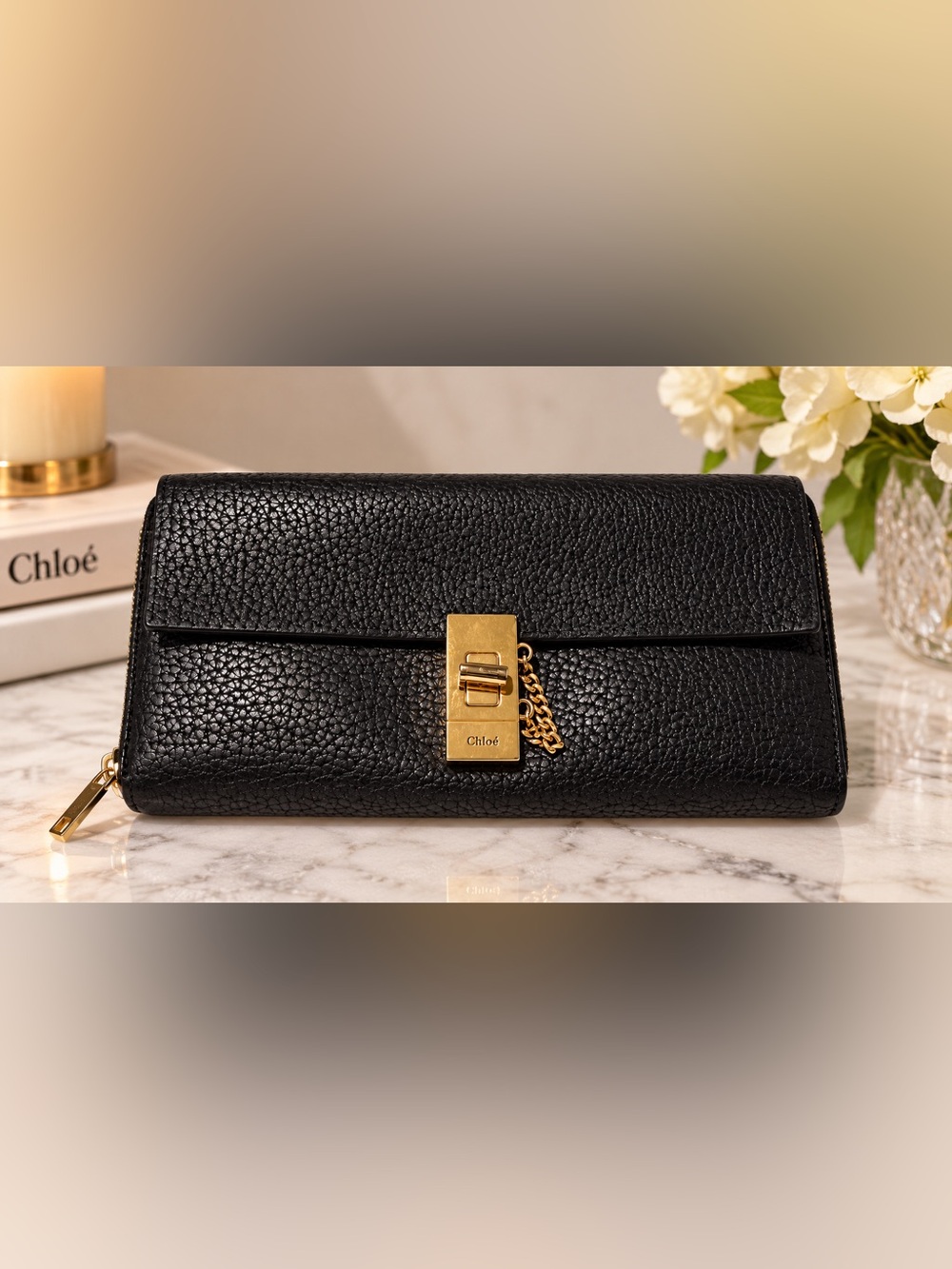 Chloé Drew Black Pebbled Leather Long Wallet | Gold Lock & Chain